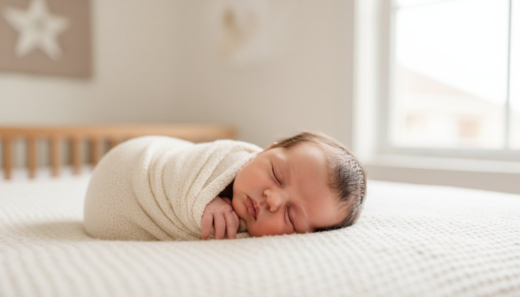 A beautifully composed, cinematic photograph showcasing the gentle, authentic newborn photography Croydon South style, featuring a peacefully sleeping baby wrapped in a soft blanket, bathed in warm, ethereal light from a window in a charming Croydon South home.
