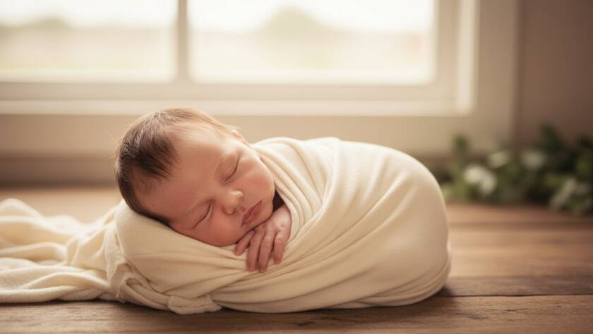 A heartwarming, softly lit, cinematic photograph of a newborn baby swaddled in a luxurious, creamy blanket, gently nestled in a rustic wooden basket adorned with native Australian flora, captured during an authentic newborn photography session in Croydon South, Victoria, with a sense of peace and new beginnings.