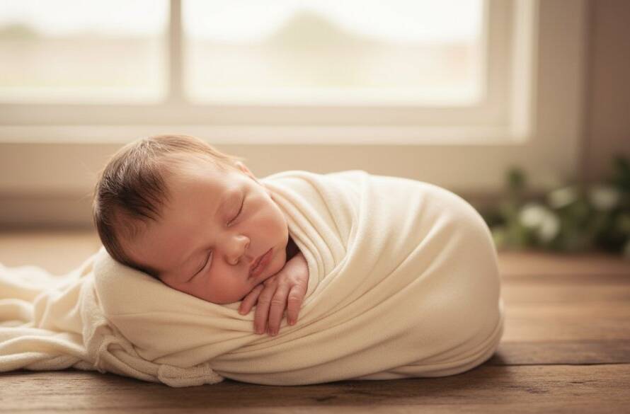 A heartwarming, softly lit, cinematic photograph of a newborn baby swaddled in a luxurious, creamy blanket, gently nestled in a rustic wooden basket adorned with native Australian flora, captured during an authentic newborn photography session in Croydon South, Victoria, with a sense of peace and new beginnings.