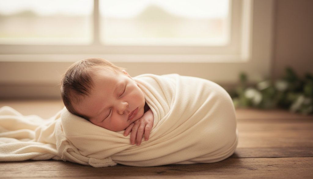 A heartwarming, softly lit, cinematic photograph of a newborn baby swaddled in a luxurious, creamy blanket, gently nestled in a rustic wooden basket adorned with native Australian flora, captured during an authentic newborn photography session in Croydon South, Victoria, with a sense of peace and new beginnings.