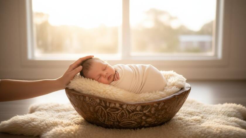 A tender, cinematic wide-shot capturing authentic newborn photography Dandenong North Victoria, showing a sleeping baby peacefully swaddled in soft natural light, with parents' hands gently cradling, evoking warmth and connection.
