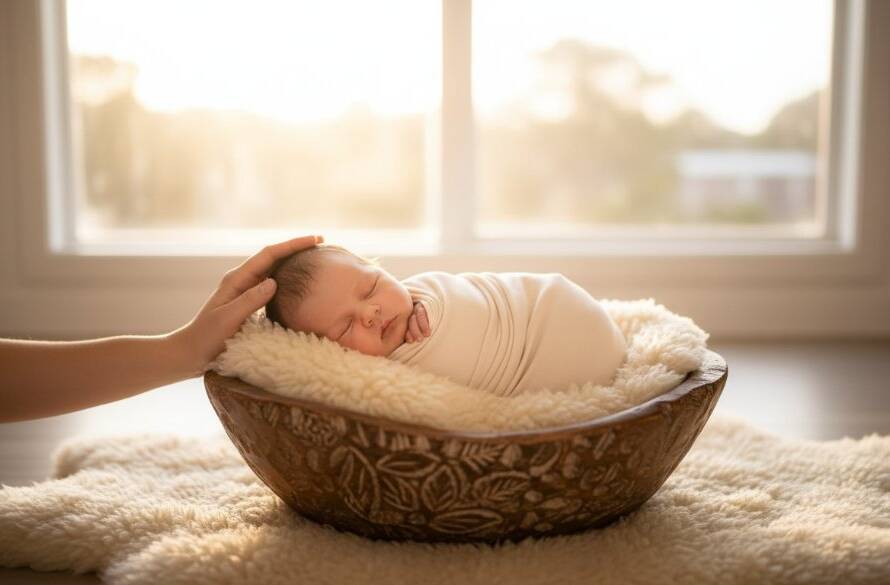 A tender, cinematic wide-shot capturing authentic newborn photography Dandenong North Victoria, showing a sleeping baby peacefully swaddled in soft natural light, with parents' hands gently cradling, evoking warmth and connection.