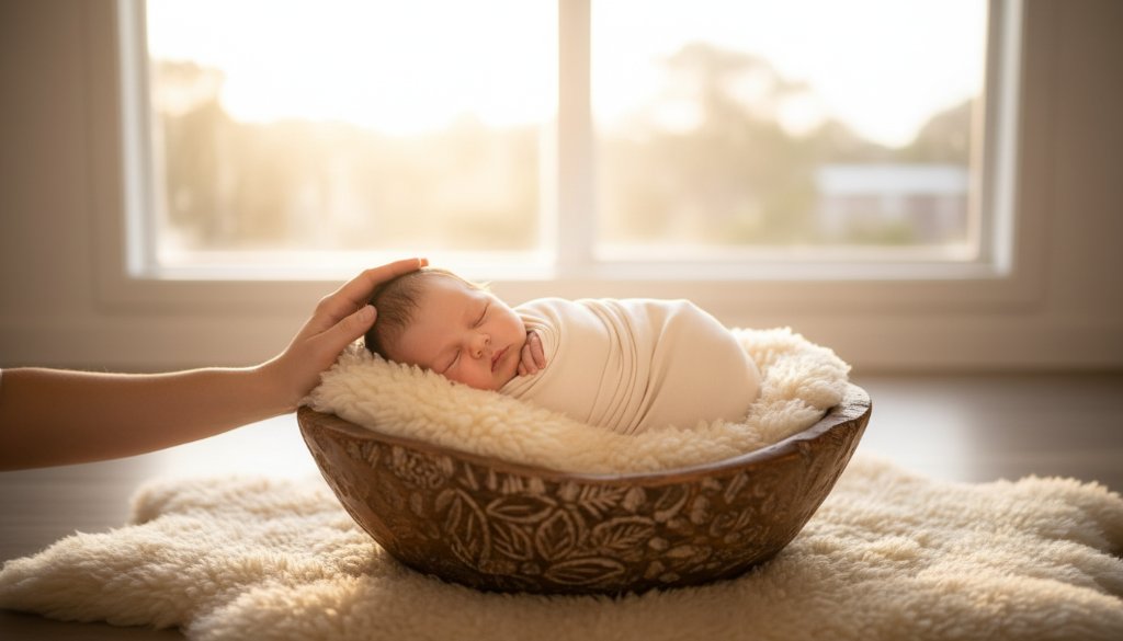 A tender, cinematic wide-shot capturing authentic newborn photography Dandenong North Victoria, showing a sleeping baby peacefully swaddled in soft natural light, with parents' hands gently cradling, evoking warmth and connection.