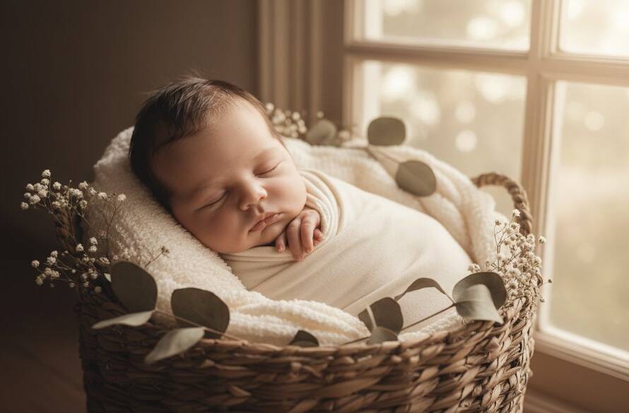 A tender, cinematic shot capturing a sleeping newborn baby swaddled in soft organic fabric, nestled in a rustic wooden basket amidst soft, warm light filtering through a window, evoking the serene beauty of authentic newborn photography Dandenong Victoria.