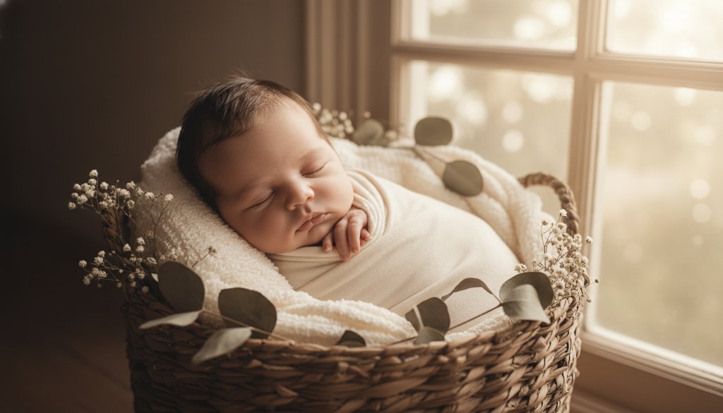 A tender, cinematic shot capturing a sleeping newborn baby swaddled in soft organic fabric, nestled in a rustic wooden basket amidst soft, warm light filtering through a window, evoking the serene beauty of authentic newborn photography Dandenong Victoria.