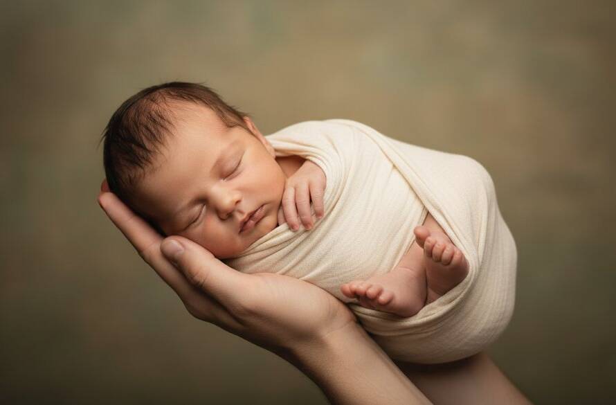 An intimate, beautifully lit studio portrait showcasing authentic newborn photography in Deer Park, Victoria, featuring a peacefully sleeping baby wrapped in soft fabric, held gently in a parent's hands, with warm, golden light creating a tender, ethereal glow.