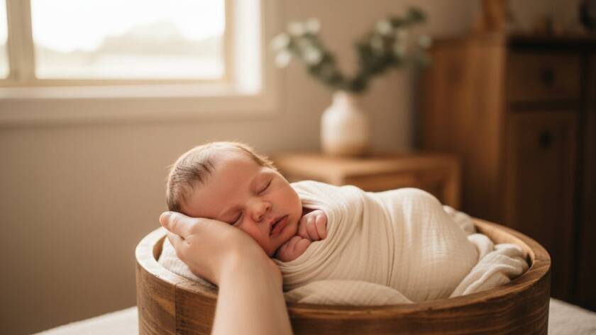 An epic moment captured in authentic newborn photography Doncaster Victoria, featuring a peacefully sleeping baby swaddled in soft fabrics, bathed in a warm, gentle light from a window, with a parent's hand gently holding the baby's tiny foot, set in a cozy, modern studio environment, showcasing the pure innocence and connection.