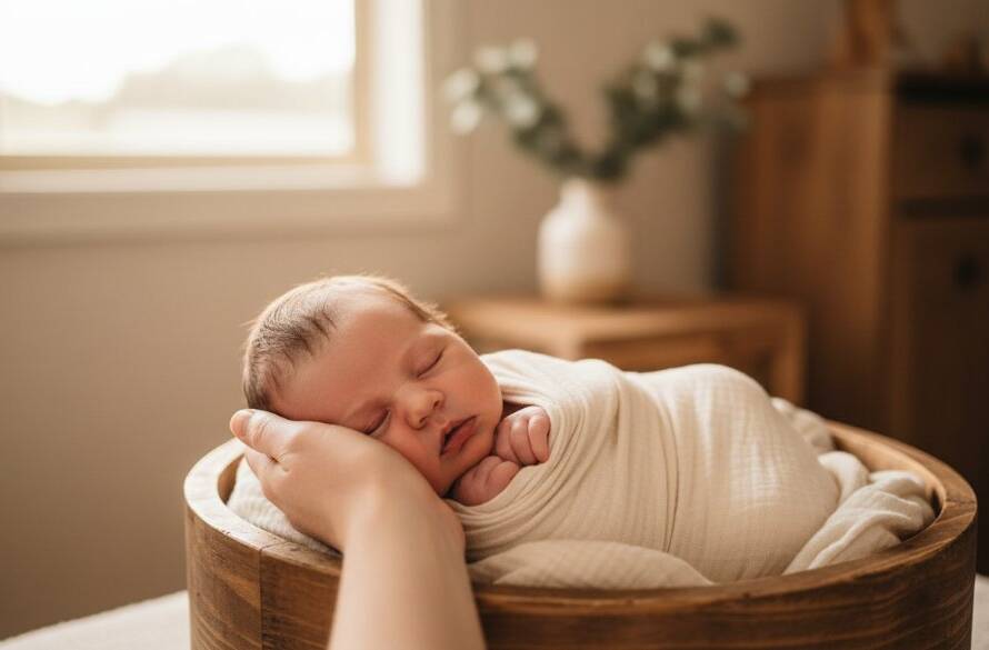 An epic moment captured in authentic newborn photography Doncaster Victoria, featuring a peacefully sleeping baby swaddled in soft fabrics, bathed in a warm, gentle light from a window, with a parent's hand gently holding the baby's tiny foot, set in a cozy, modern studio environment, showcasing the pure innocence and connection.