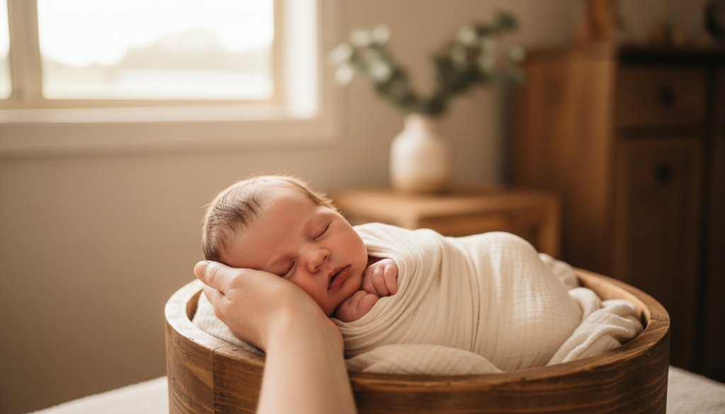 An epic moment captured in authentic newborn photography Doncaster Victoria, featuring a peacefully sleeping baby swaddled in soft fabrics, bathed in a warm, gentle light from a window, with a parent's hand gently holding the baby's tiny foot, set in a cozy, modern studio environment, showcasing the pure innocence and connection.