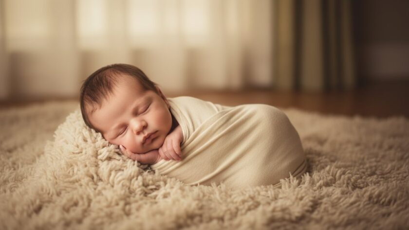 An intimate, heartwarming image capturing authentic newborn photography in Drumcondra VIC, showing a baby gently sleeping in a handcrafted basket, bathed in soft, natural light, with parents' hands softly cradling them in the background, evoking a sense of pure love and new beginnings.