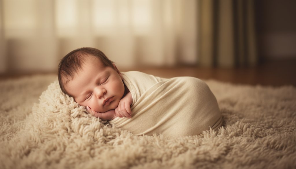 An intimate, heartwarming image capturing authentic newborn photography in Drumcondra VIC, showing a baby gently sleeping in a handcrafted basket, bathed in soft, natural light, with parents' hands softly cradling them in the background, evoking a sense of pure love and new beginnings.
