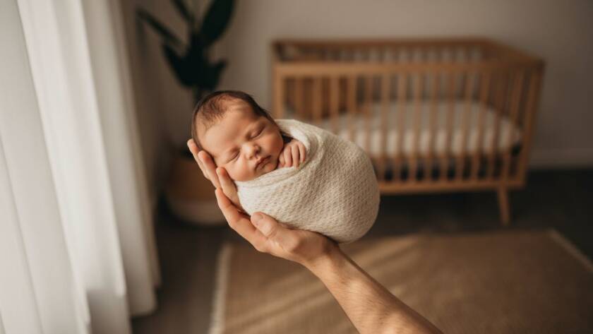 A heartwarming, softly lit close-up of a newborn baby's tiny hand gently gripping an adult's finger, symbolising the tender bond for authentic newborn photography Frankston North families, set against a blurred, peaceful Frankston North home interior, professionally colour-graded.