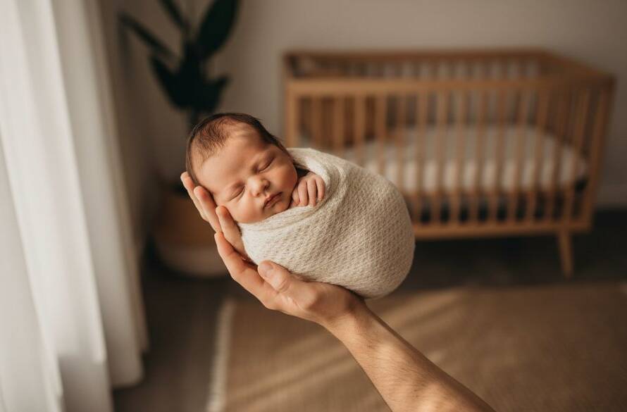 A heartwarming, softly lit close-up of a newborn baby's tiny hand gently gripping an adult's finger, symbolising the tender bond for authentic newborn photography Frankston North families, set against a blurred, peaceful Frankston North home interior, professionally colour-graded.