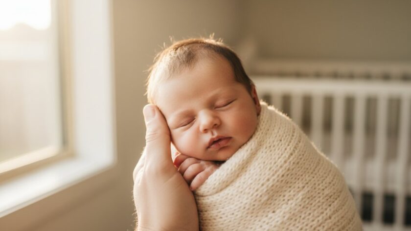 An intimate, heartwarming 'epic moment' photograph of a newborn baby gently swaddled in soft, natural light, held lovingly by parents' hands, showcasing authentic newborn photography Hamlyn Heights natural light with a warm, gentle glow.