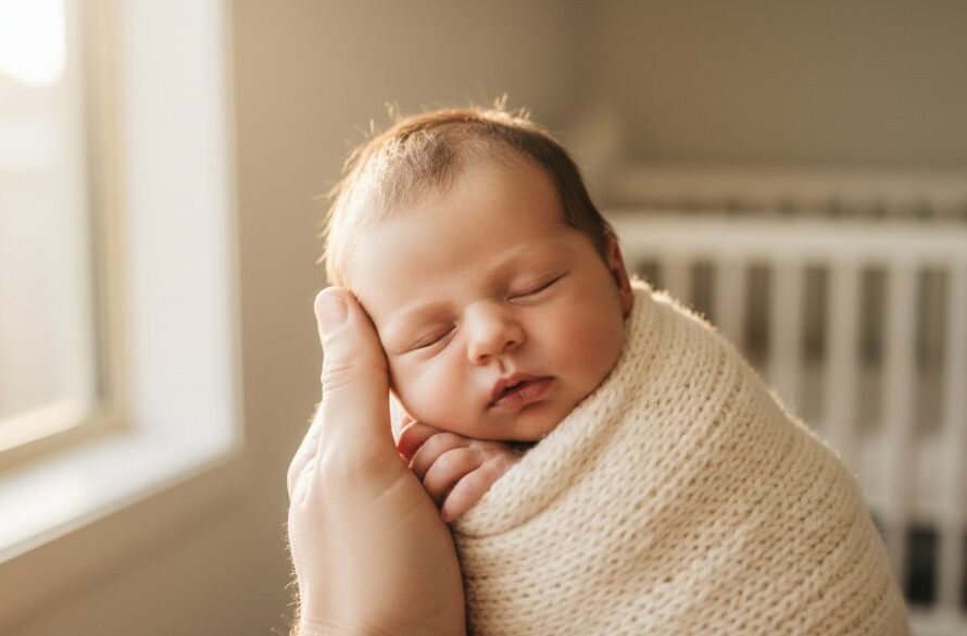 An intimate, heartwarming 'epic moment' photograph of a newborn baby gently swaddled in soft, natural light, held lovingly by parents' hands, showcasing authentic newborn photography Hamlyn Heights natural light with a warm, gentle glow.