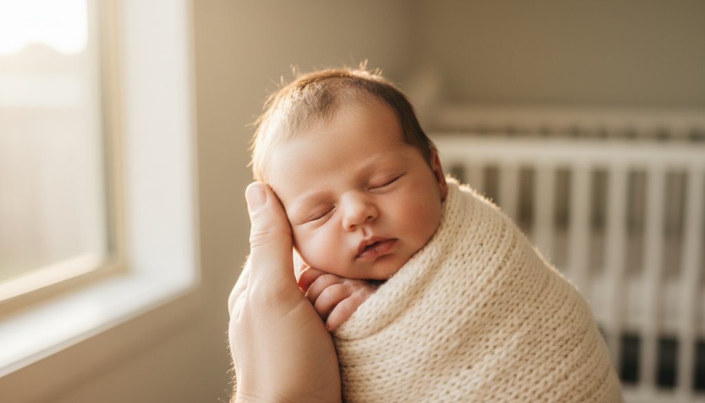 An intimate, heartwarming 'epic moment' photograph of a newborn baby gently swaddled in soft, natural light, held lovingly by parents' hands, showcasing authentic newborn photography Hamlyn Heights natural light with a warm, gentle glow.