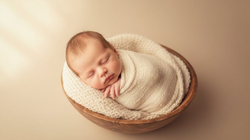 An intimate, beautifully lit, and authentic newborn photography Herne Hill Victoria portrait. A sleeping baby is gently cradled in soft, earthy blankets on a rustic wooden floor, bathed in warm, natural window light filtering through sheer curtains. The composition is close-up, focusing on tiny details like the baby's fingers and a peaceful expression. The mood is serene and heartwarming, captured with professional color grading and a soft focus for an epic moment.