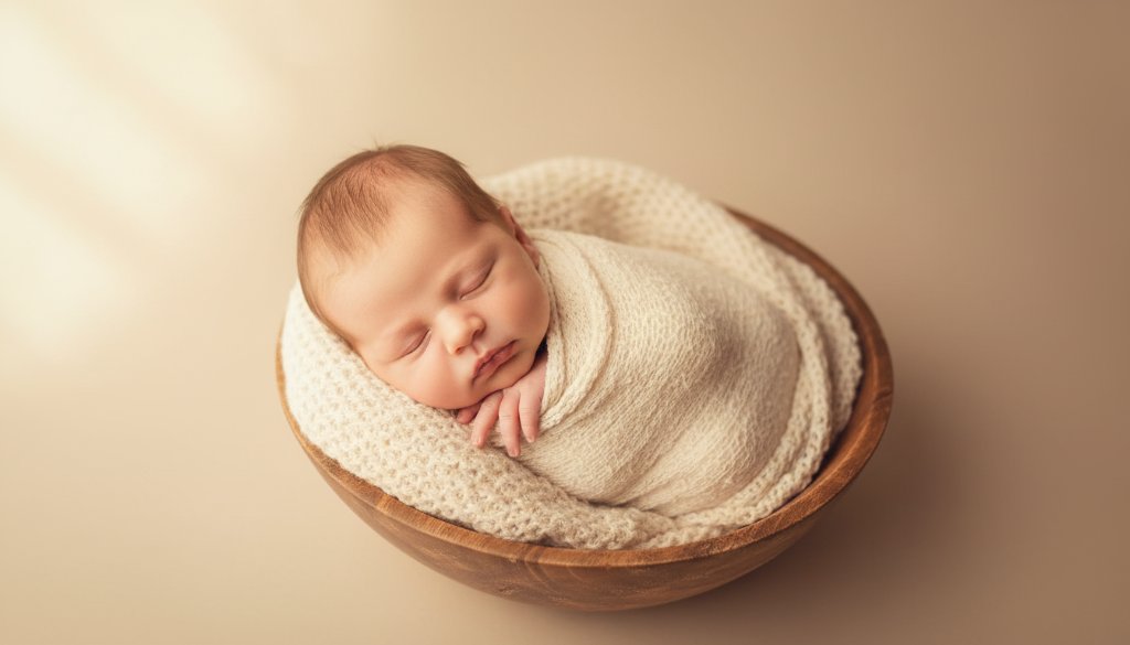 An intimate, beautifully lit, and authentic newborn photography Herne Hill Victoria portrait. A sleeping baby is gently cradled in soft, earthy blankets on a rustic wooden floor, bathed in warm, natural window light filtering through sheer curtains. The composition is close-up, focusing on tiny details like the baby's fingers and a peaceful expression. The mood is serene and heartwarming, captured with professional color grading and a soft focus for an epic moment.