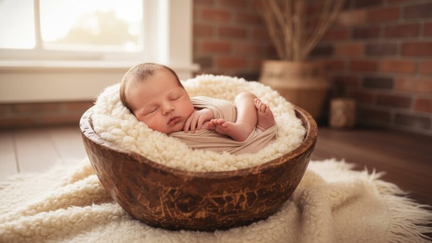 A heartwarming, epic moment captured: A sleeping newborn baby, gently swaddled, nestled in a rustic wooden basket, bathed in soft, ethereal natural light from a window in a Kilmore studio, embodying authentic newborn photography Kilmore families will cherish.
