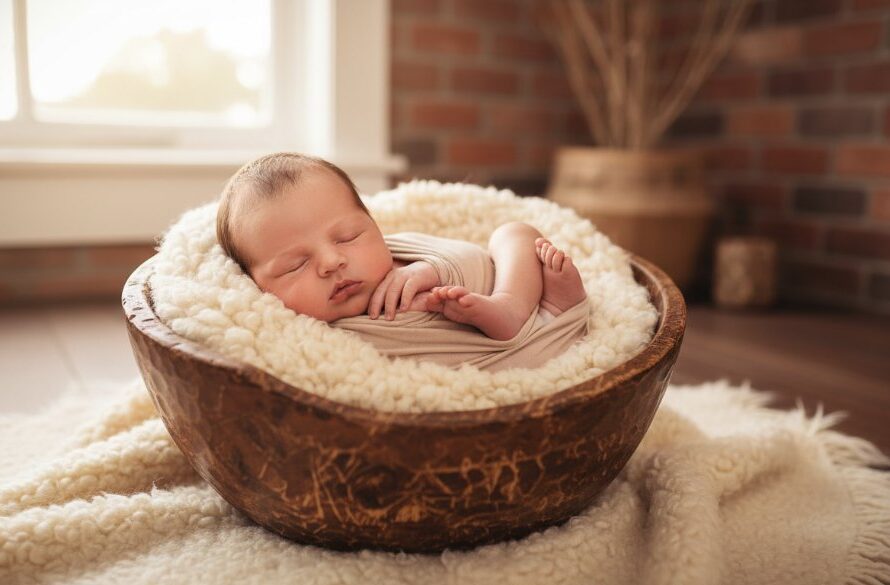 A heartwarming, epic moment captured: A sleeping newborn baby, gently swaddled, nestled in a rustic wooden basket, bathed in soft, ethereal natural light from a window in a Kilmore studio, embodying authentic newborn photography Kilmore families will cherish.