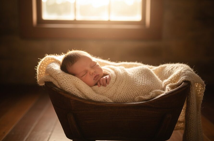 A tender, cinematic shot capturing an infant sleeping peacefully in a rustic, woollen wrap, bathed in soft, golden light filtering through a window in a Korumburra home, representing authentic newborn photography Korumburra families cherish.