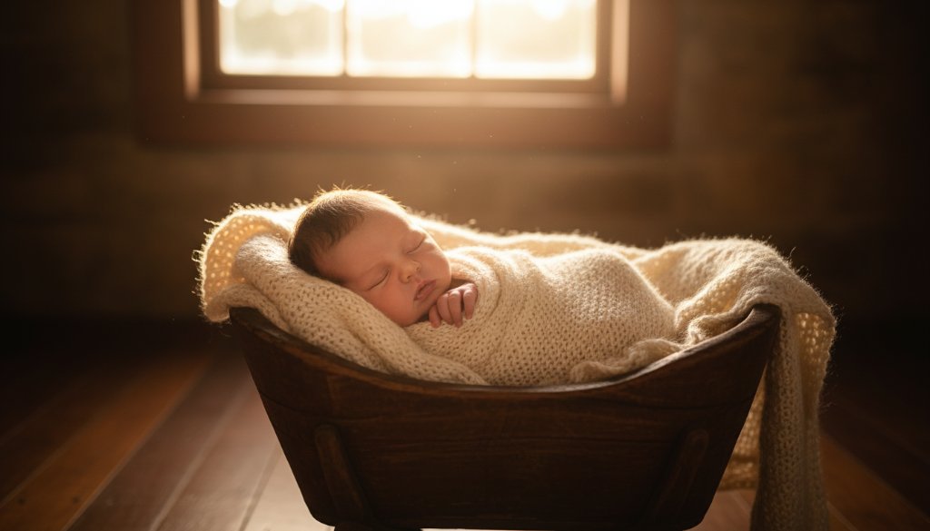 A tender, cinematic shot capturing an infant sleeping peacefully in a rustic, woollen wrap, bathed in soft, golden light filtering through a window in a Korumburra home, representing authentic newborn photography Korumburra families cherish.