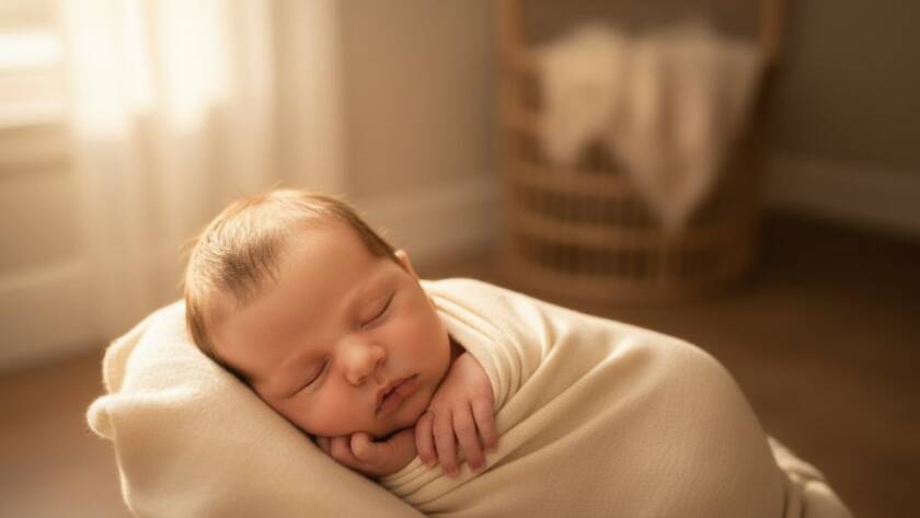 A tender close-up of a sleeping newborn baby's tiny hand gently grasping a parent's finger, illuminated by soft, golden natural light in a Maidstone studio, encapsulating authentic newborn photography Maidstone families cherish.