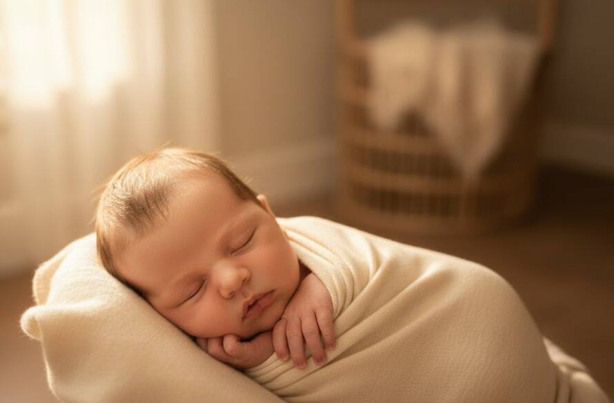A tender close-up of a sleeping newborn baby's tiny hand gently grasping a parent's finger, illuminated by soft, golden natural light in a Maidstone studio, encapsulating authentic newborn photography Maidstone families cherish.