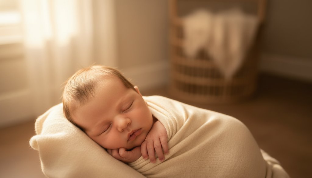 A tender close-up of a sleeping newborn baby's tiny hand gently grasping a parent's finger, illuminated by soft, golden natural light in a Maidstone studio, encapsulating authentic newborn photography Maidstone families cherish.