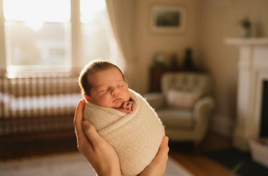 Dramatic, ethereal portrait of a newborn baby gently nestled, bathed in soft golden light, held by a parent's hand in a serene Mont Albert home, showcasing authentic newborn photography Mont Albert Victoria.