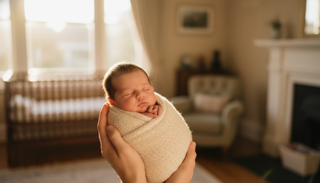 Dramatic, ethereal portrait of a newborn baby gently nestled, bathed in soft golden light, held by a parent's hand in a serene Mont Albert home, showcasing authentic newborn photography Mont Albert Victoria.