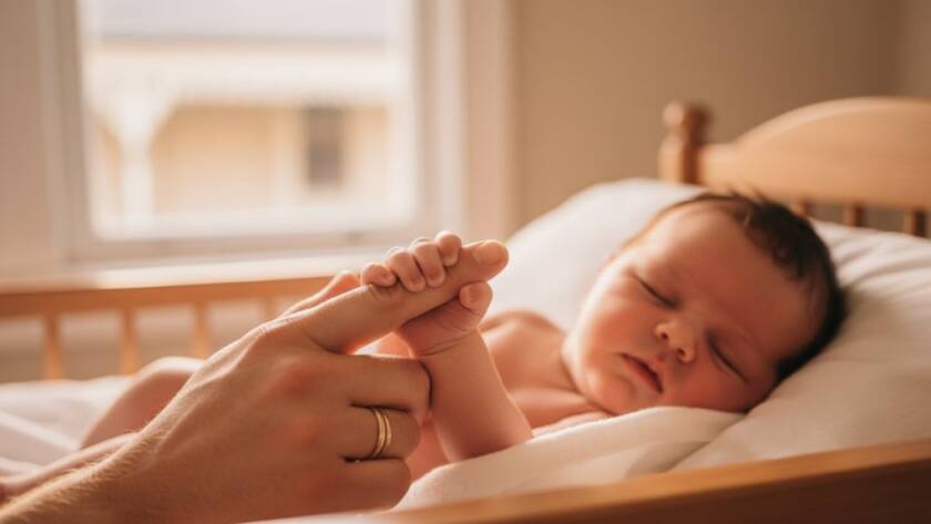 An ethereal, close-up photograph capturing the serene face of a newborn baby swaddled in soft, earthy tones, with a parent's gentle hand caressing their tiny head, illuminated by a warm, golden light filtering through a window in an Ormond home, embodying authentic newborn photography Ormond storytelling.