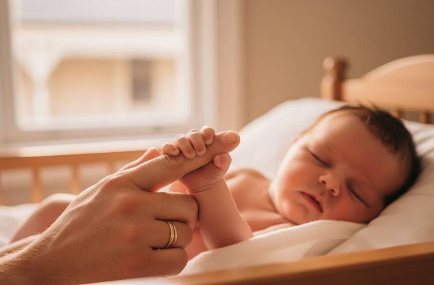 An ethereal, close-up photograph capturing the serene face of a newborn baby swaddled in soft, earthy tones, with a parent's gentle hand caressing their tiny head, illuminated by a warm, golden light filtering through a window in an Ormond home, embodying authentic newborn photography Ormond storytelling.