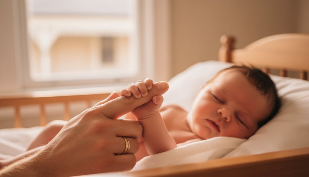 An ethereal, close-up photograph capturing the serene face of a newborn baby swaddled in soft, earthy tones, with a parent's gentle hand caressing their tiny head, illuminated by a warm, golden light filtering through a window in an Ormond home, embodying authentic newborn photography Ormond storytelling.