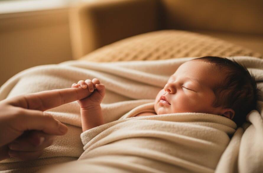 A tender, close-up photograph capturing authentic newborn photography in Ringwood East Victoria, showing a peaceful baby's tiny hand gently grasping a parent's finger, bathed in soft, warm light with a shallow depth of field, evoking intimacy and new life.