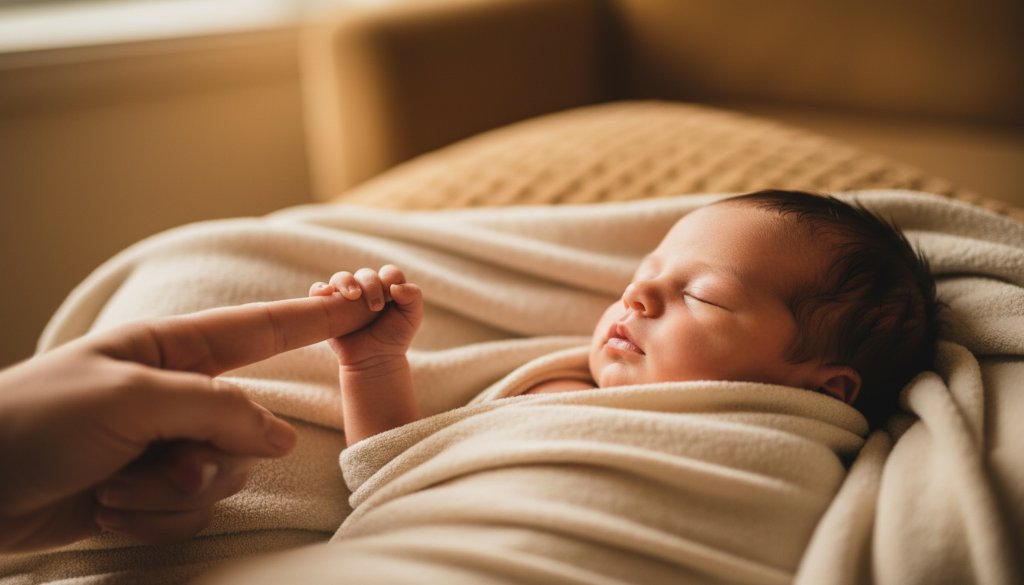 A tender, close-up photograph capturing authentic newborn photography in Ringwood East Victoria, showing a peaceful baby's tiny hand gently grasping a parent's finger, bathed in soft, warm light with a shallow depth of field, evoking intimacy and new life.