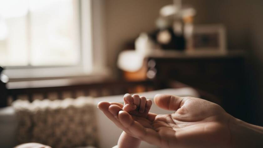 Close-up, dreamy, and authentic newborn photography Ringwood North capturing a baby's tiny hand grasping a parent's finger, bathed in soft, ethereal light from a large window, set in a cozy Ringwood North home, professional and colour-graded.
