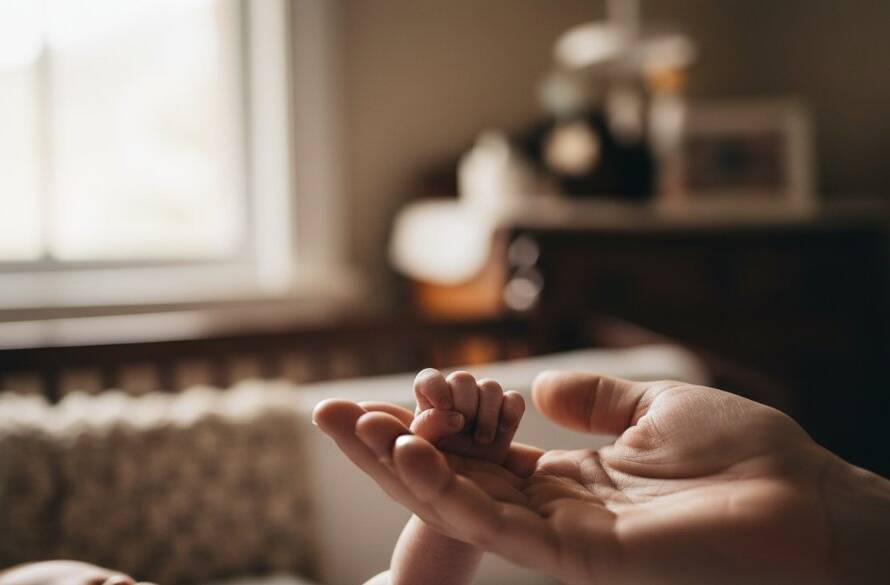 Close-up, dreamy, and authentic newborn photography Ringwood North capturing a baby's tiny hand grasping a parent's finger, bathed in soft, ethereal light from a large window, set in a cozy Ringwood North home, professional and colour-graded.