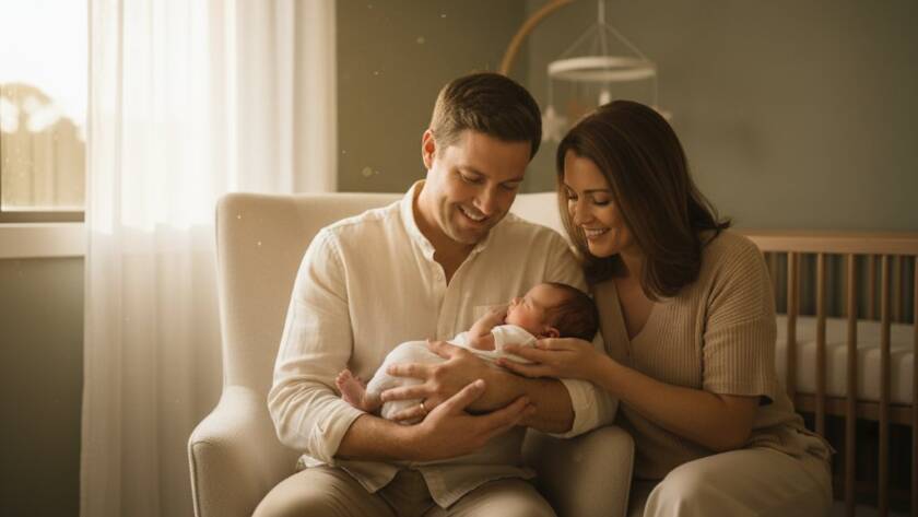 A tender, cinematic wide shot capturing authentic newborn photography in Ringwood North Victoria, featuring parents gently cradling their sleeping baby by a window, bathed in soft, ethereal morning light, evoking warmth and love.