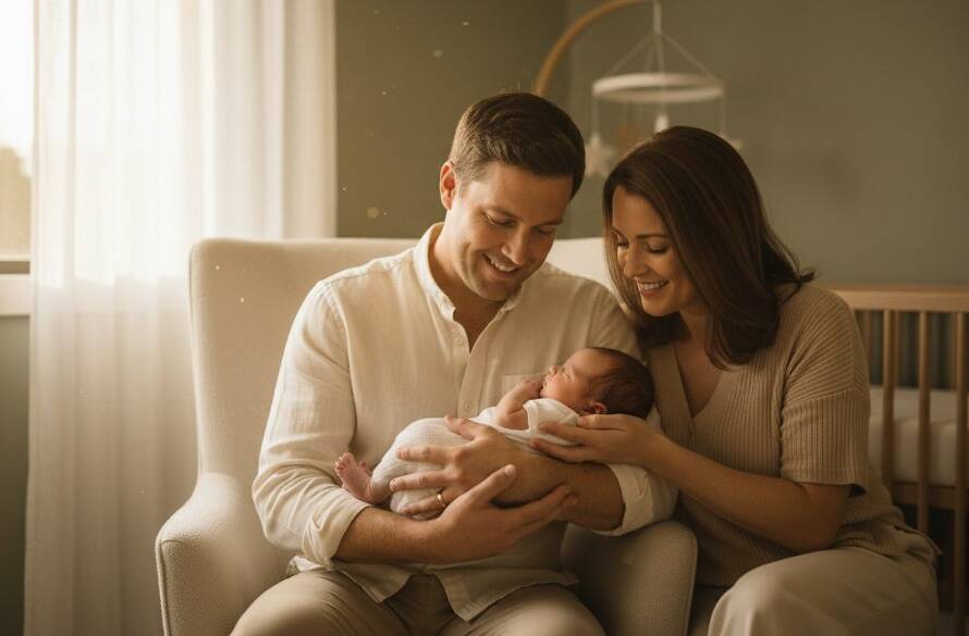 A tender, cinematic wide shot capturing authentic newborn photography in Ringwood North Victoria, featuring parents gently cradling their sleeping baby by a window, bathed in soft, ethereal morning light, evoking warmth and love.