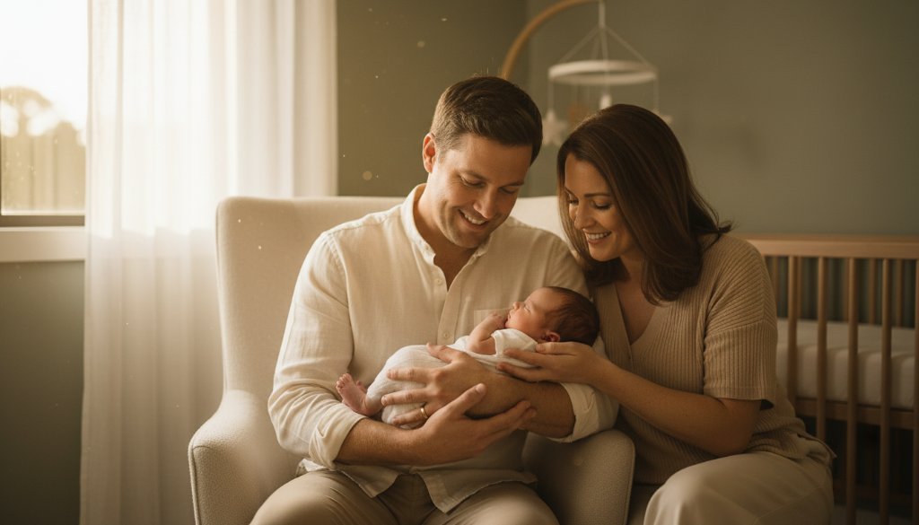 A tender, cinematic wide shot capturing authentic newborn photography in Ringwood North Victoria, featuring parents gently cradling their sleeping baby by a window, bathed in soft, ethereal morning light, evoking warmth and love.
