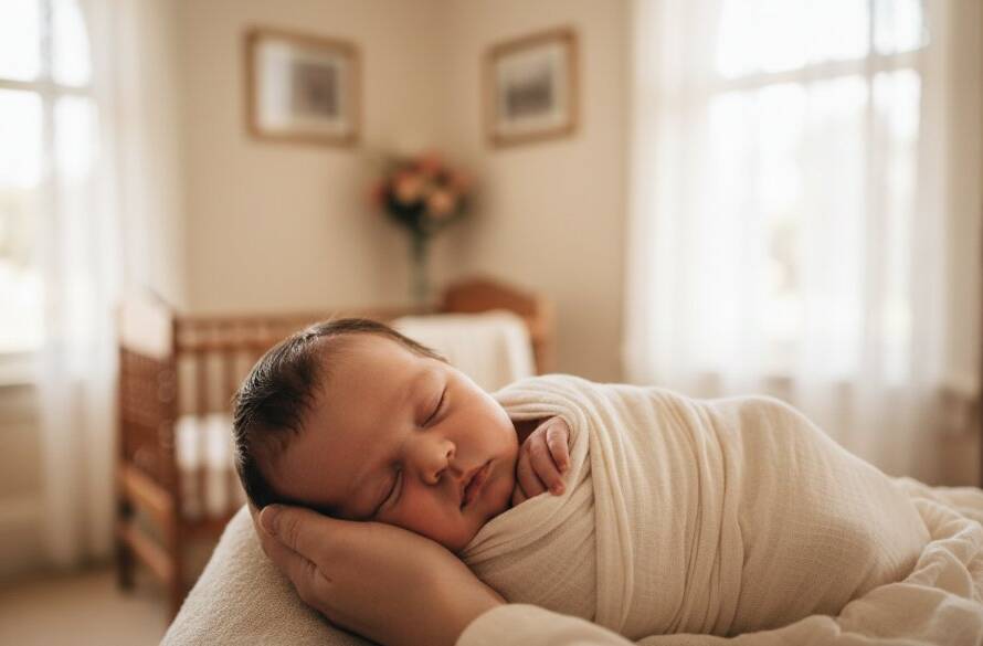 An emotionally resonant, professional photograph of a baby's tiny hand gently grasping a parent's finger, bathed in soft, warm light from a nearby window in a home setting, capturing authentic newborn photography Ringwood Victoria.