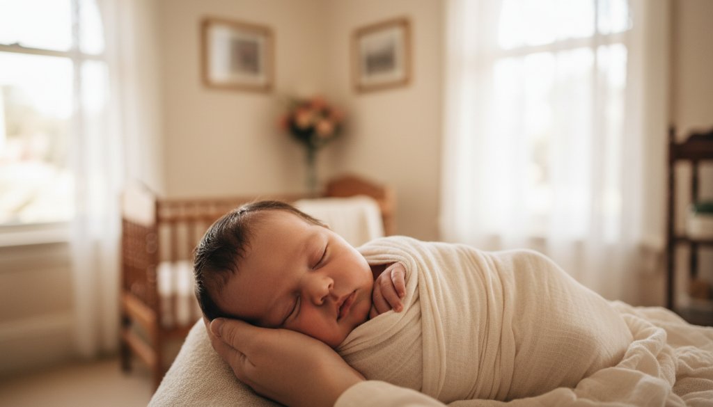An emotionally resonant, professional photograph of a baby's tiny hand gently grasping a parent's finger, bathed in soft, warm light from a nearby window in a home setting, capturing authentic newborn photography Ringwood Victoria.