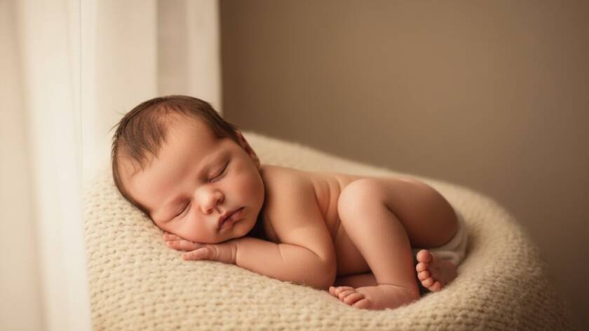A breathtaking, warm-toned close-up captures an 'epic moment' of authentic newborn photography Scoresby Victoria, featuring a tiny baby sleeping peacefully wrapped in a soft blanket, dramatically lit to highlight their delicate features, symbolising the tender bond between parent and child.