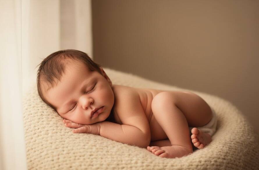 A breathtaking, warm-toned close-up captures an 'epic moment' of authentic newborn photography Scoresby Victoria, featuring a tiny baby sleeping peacefully wrapped in a soft blanket, dramatically lit to highlight their delicate features, symbolising the tender bond between parent and child.