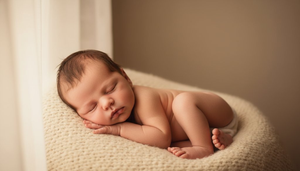 A breathtaking, warm-toned close-up captures an 'epic moment' of authentic newborn photography Scoresby Victoria, featuring a tiny baby sleeping peacefully wrapped in a soft blanket, dramatically lit to highlight their delicate features, symbolising the tender bond between parent and child.