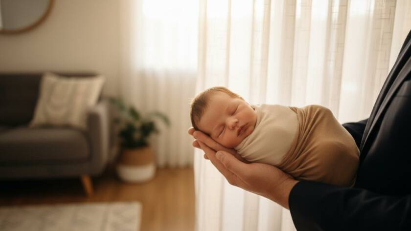 An epic moment captured in South Kingsville, showcasing authentic newborn photography storytelling, where a serene baby is swaddled in soft light, gently held by a parent's hands, with a warm, intimate atmosphere. The image is professionally colour-graded, emphasising the tender connection and love.