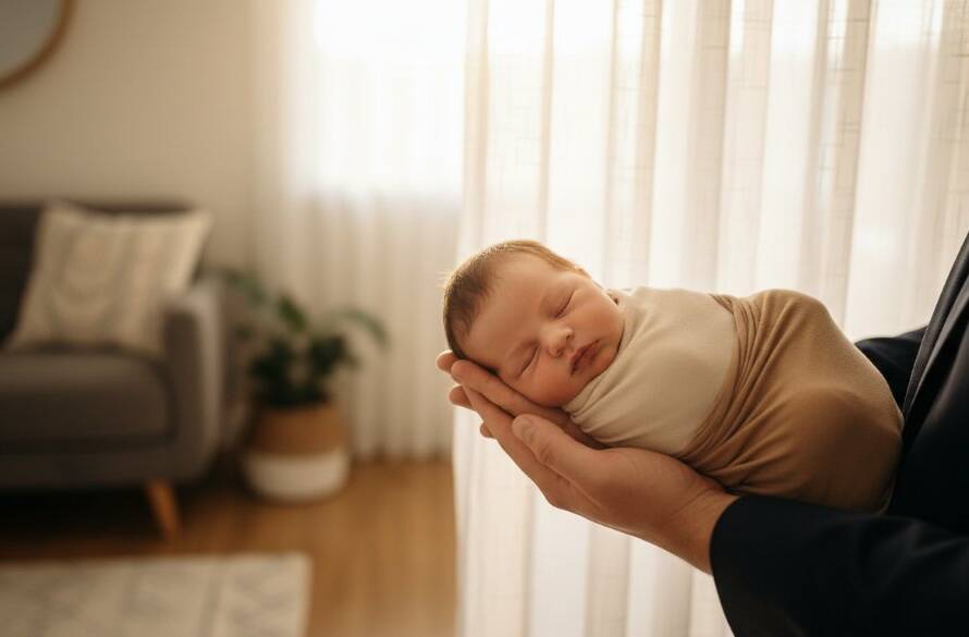 An epic moment captured in South Kingsville, showcasing authentic newborn photography storytelling, where a serene baby is swaddled in soft light, gently held by a parent's hands, with a warm, intimate atmosphere. The image is professionally colour-graded, emphasising the tender connection and love.