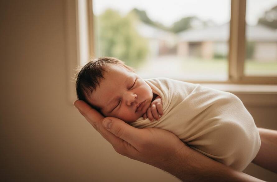 An intimate, epic moment capturing authentic newborn photography Sunshine West family heirlooms, with a tiny baby swaddled gently in warm light, held lovingly by a parent's hands, against a soft, blurred background evoking comfort and new beginnings.