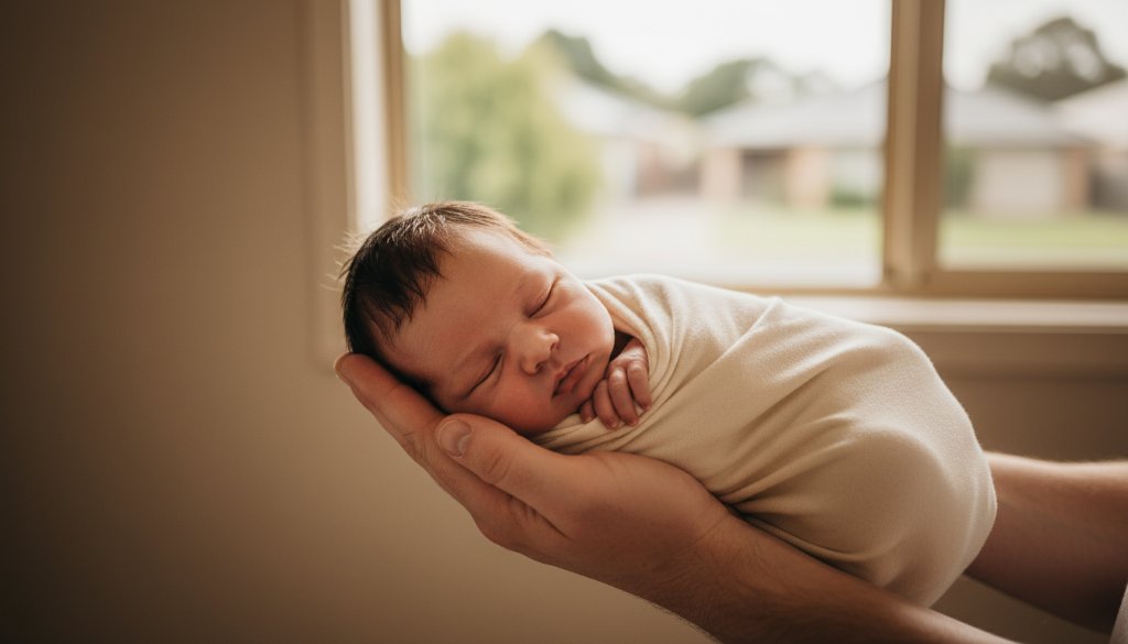 An intimate, epic moment capturing authentic newborn photography Sunshine West family heirlooms, with a tiny baby swaddled gently in warm light, held lovingly by a parent's hands, against a soft, blurred background evoking comfort and new beginnings.